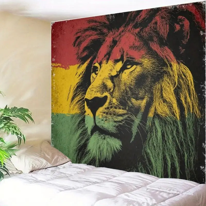 tapisserie murale pop art lion noir rouge jaune vert chambre salon décoration mur