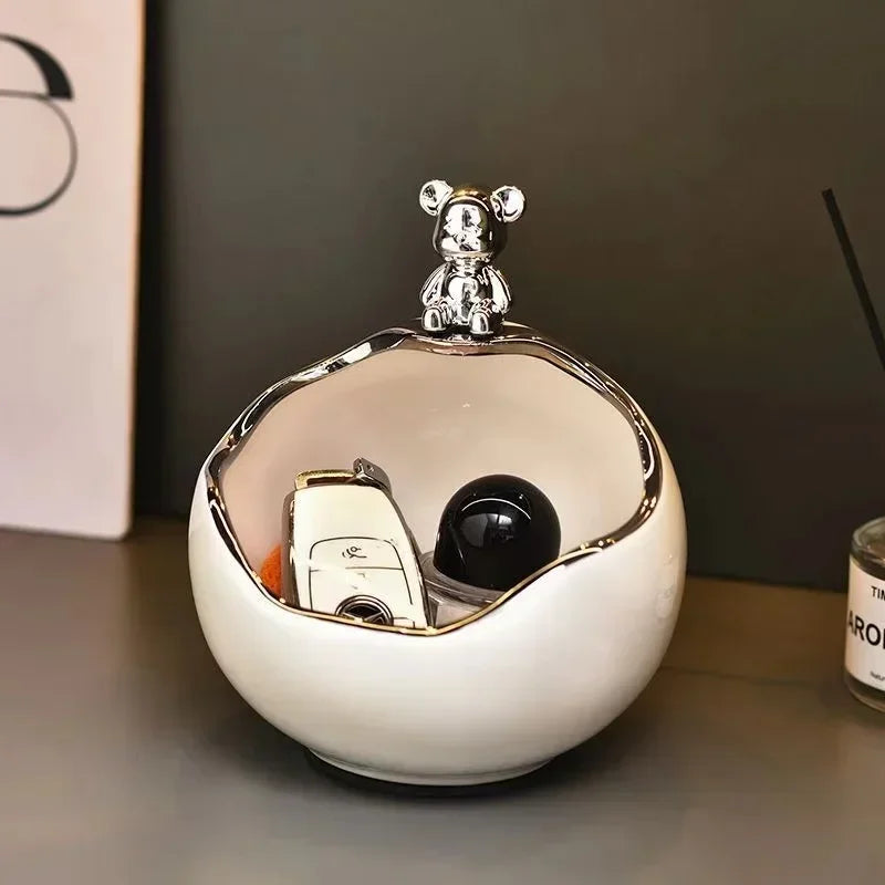 porte clés ours décoration moderne coupelle rangement bijoux accessoires blanc chrome argenté