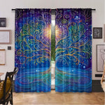 rideau moderne arbre stylisé branches ondulées fond galactique étoiles polyester bleu violet jaune vert