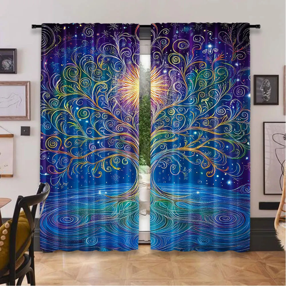 rideau moderne arbre stylisé branches ondulées fond galactique étoiles polyester bleu violet jaune vert