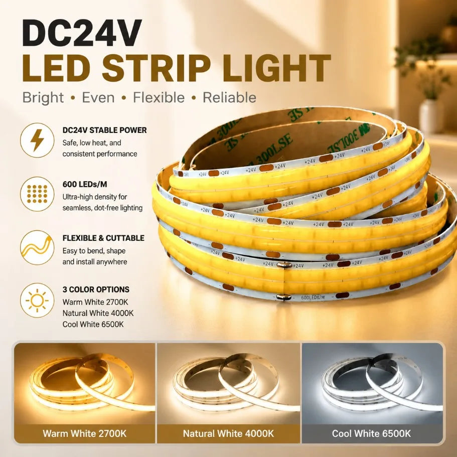 ruban led cob double rangée 24v flexible haute luminosité blanc chaud naturel froid