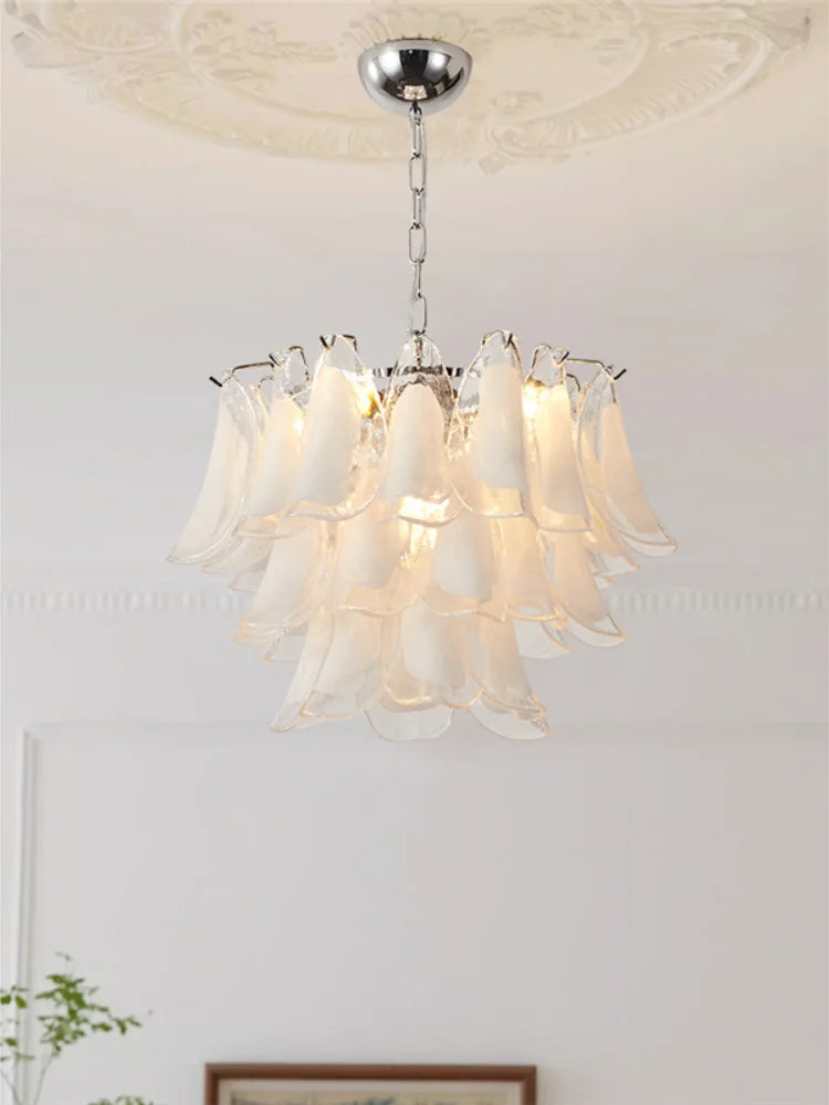 Suspension lumineuse moderne verre blanc translucide chaîne organique 50cm 60cm 80cm lumière froide naturelle