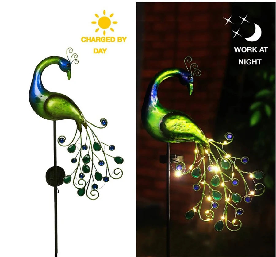 décoration extérieure oiseau peacock lumineux plumes semi précieuses moderne vert bleu doréextérieur jardin
