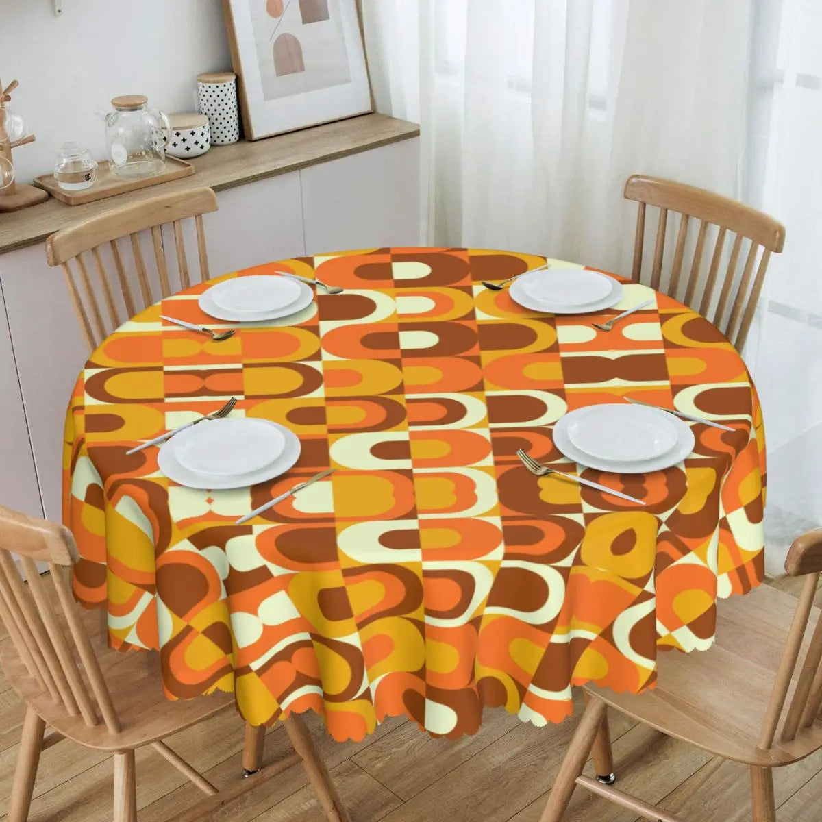 nappe table ronde moderne motif géométrique orange marron imperméable huile 152cm cuisine salle