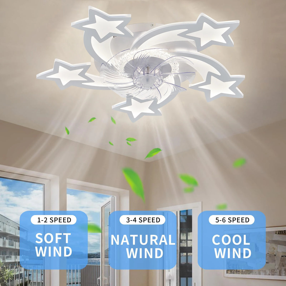 ventilateur moderne étoile blanc lumineux télécommande vitesses led silencieux chambre salon
