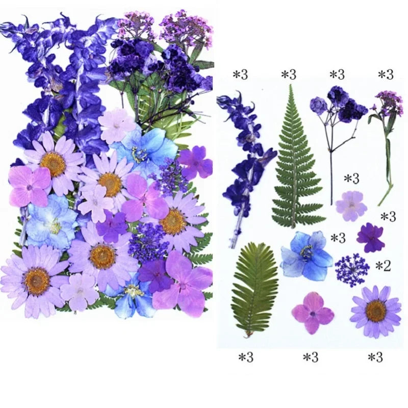 fleurs séchées composition artisanale violet bleu rose blanc vert décoration uv epoxy fills bijoux