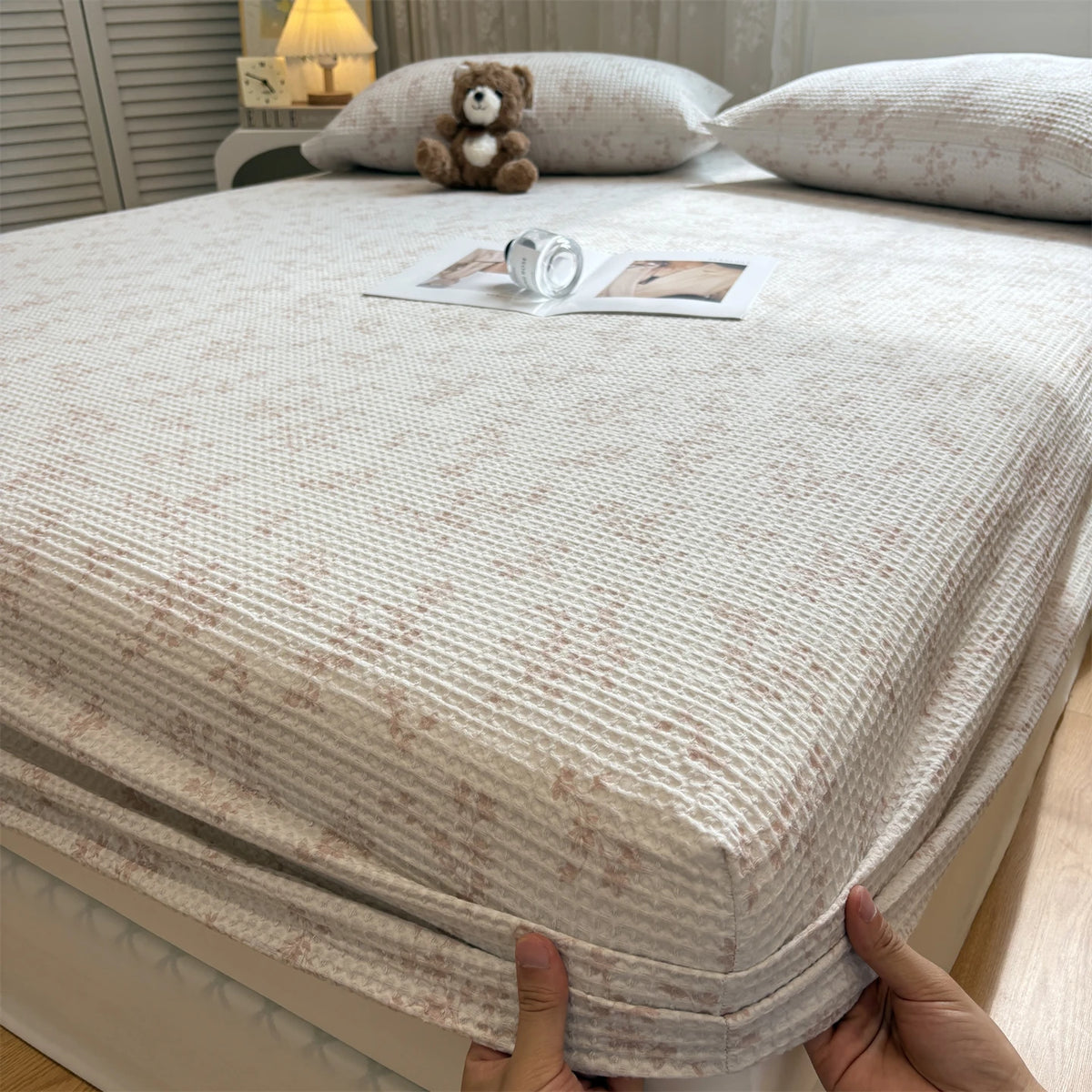 draps lit coton polyester carreaux rose beige housse oreillers moderne lit adultes double simple