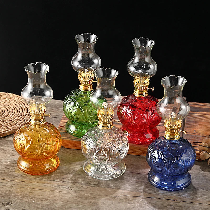 lampe huile verte rouge bleu orange transparent relief floral ancienne vintage décoration maison