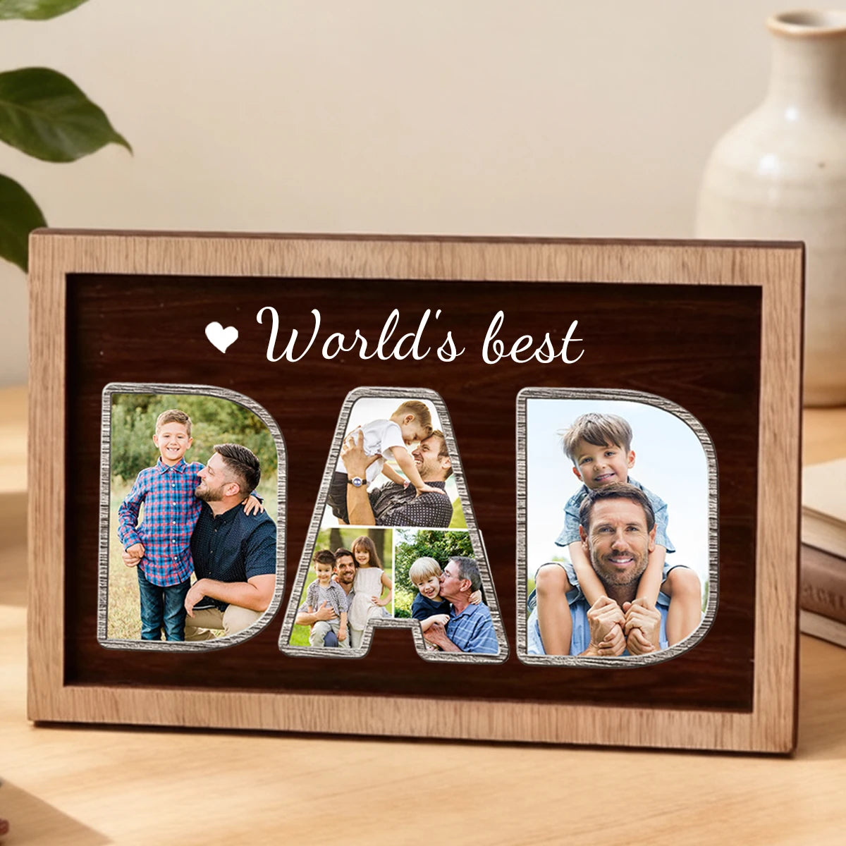 cadre photo personnalisé bois marron décoration familiale texte dad world's best