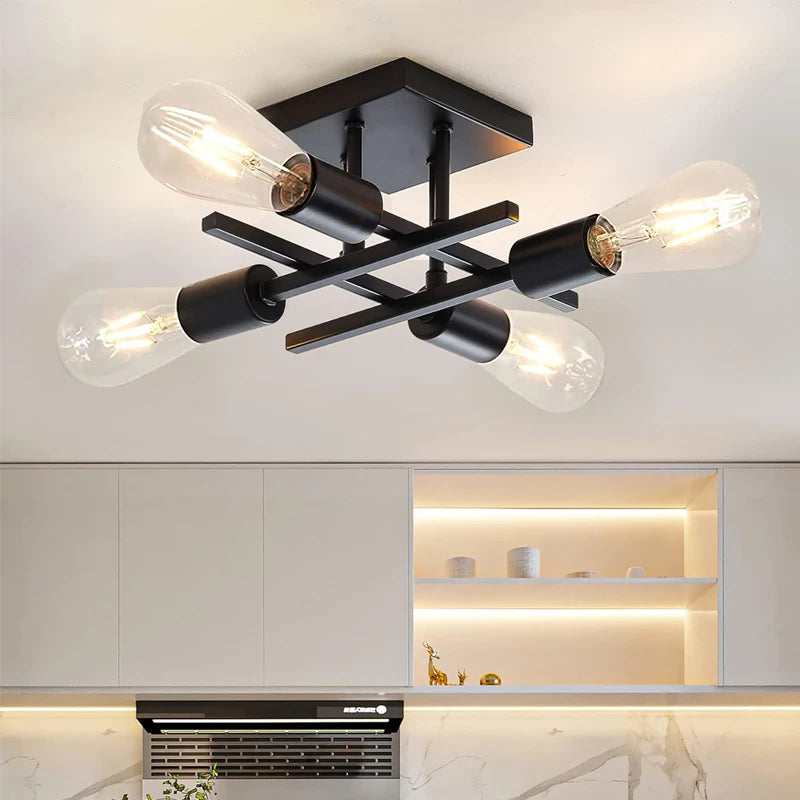 plafonnier moderne industriel noir doré ampoules filament structure géométrique fer murale e27