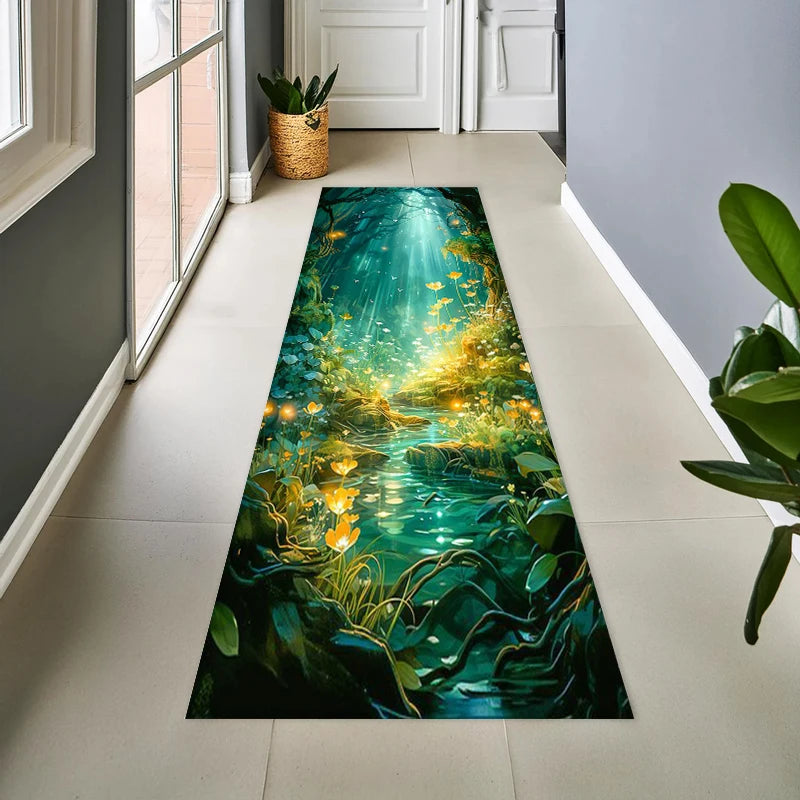 tapis moderne fantastique paysage fleurs rochers lumière verte bleue jaune noire salon chambreextérieur