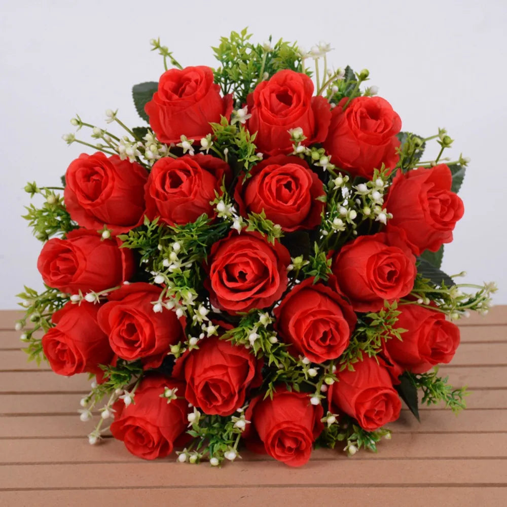 bouquet roses artificielles rouge orange bleu clair rose blanches intérieur décoration romantique classique anniversaire