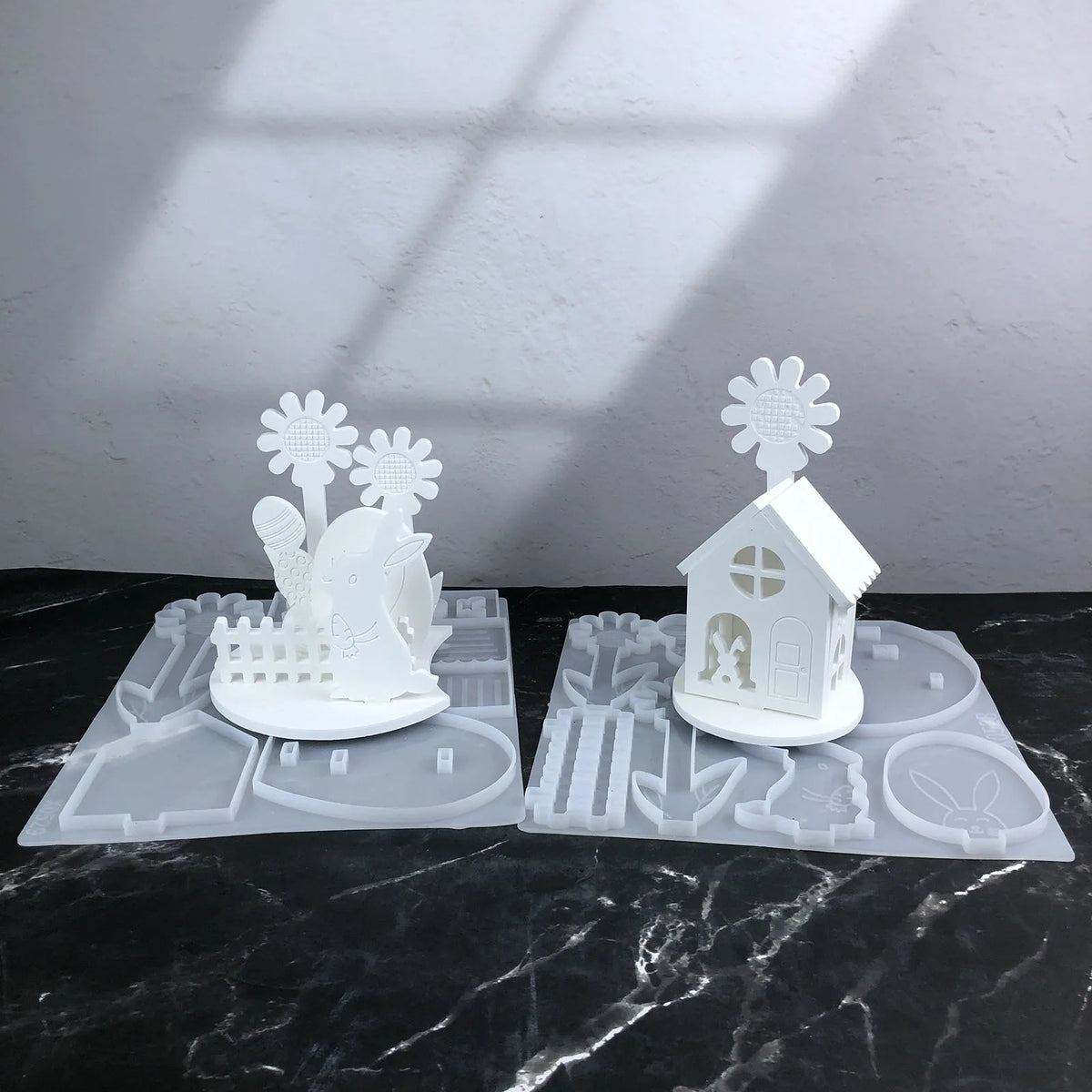 moules silicone blancs motifs maison lapins fleurs printemps pâques décorations bricolage facile utilisation