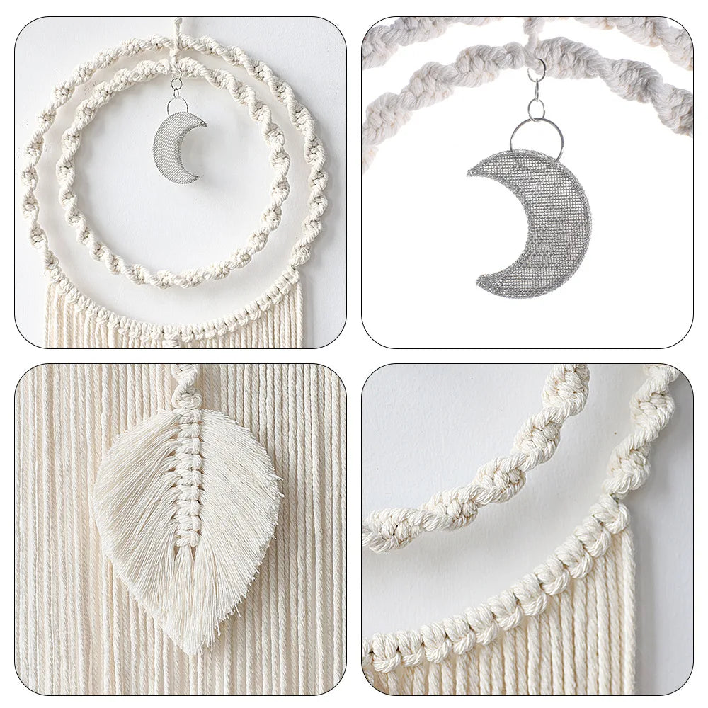 décoration murale attrape rêves bohème crème blanc cassé franges tressage métal argenté ethnique suspension
