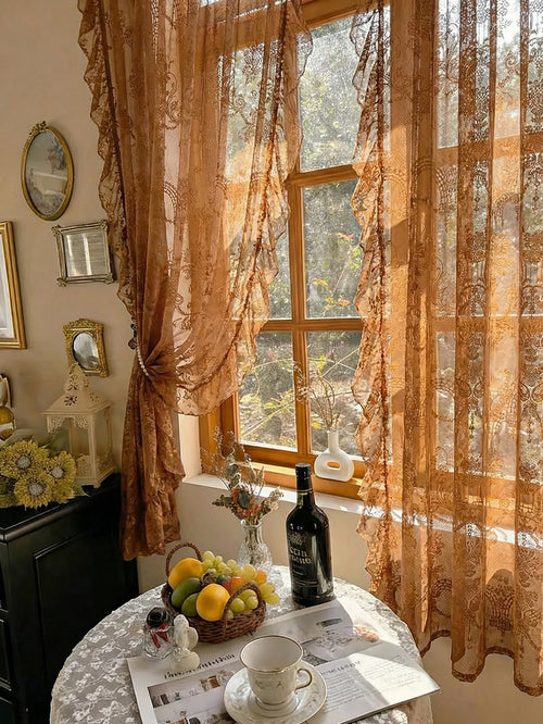 rideau marron clair broderie florale semi transparent classique salon polyester