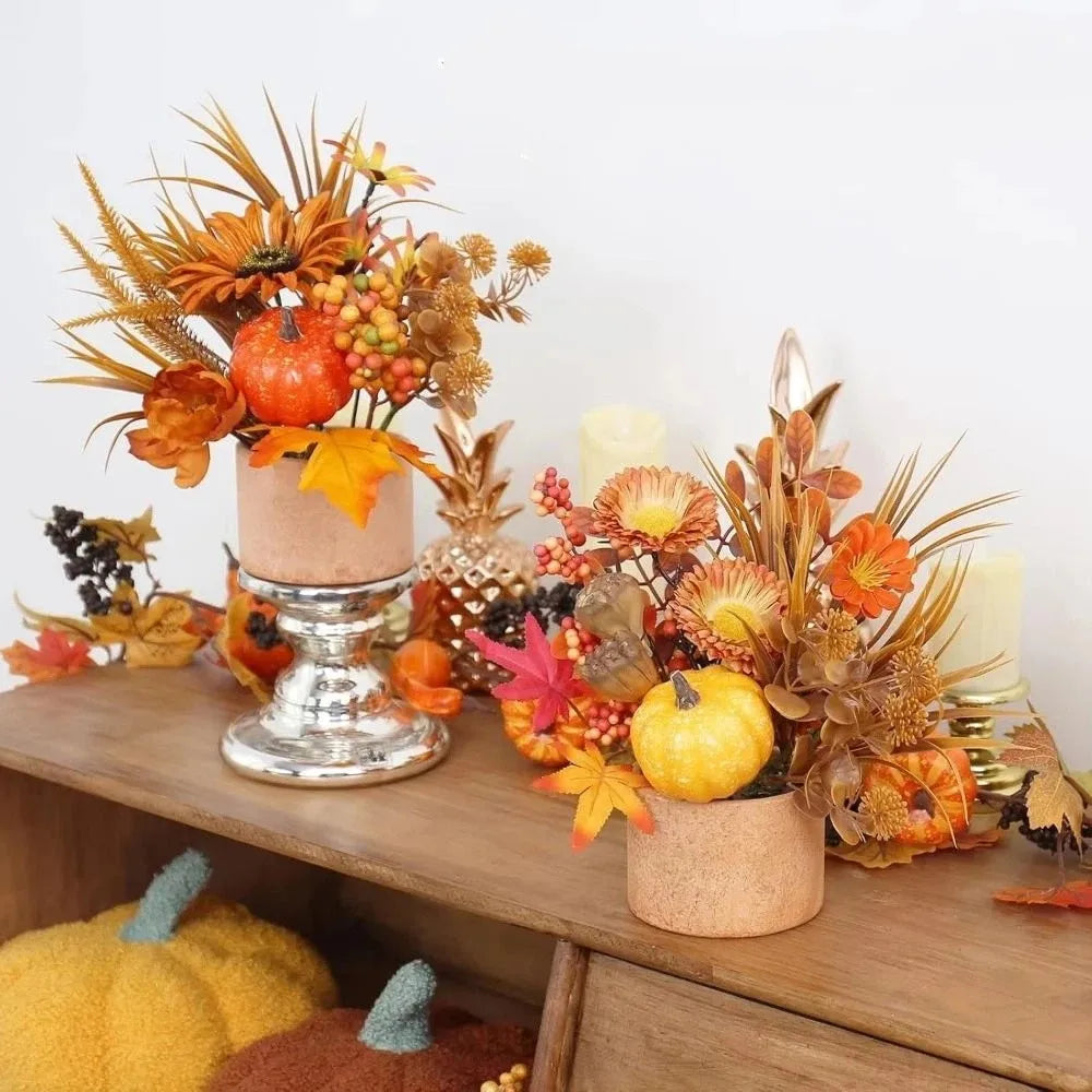 bouquet feuilles automnales courges artificielles orange jaune vert marron décoration intérieure rustique festive chambre