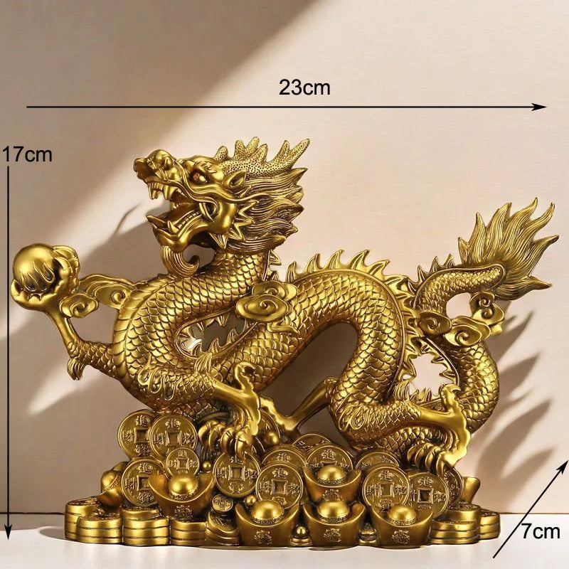 statue dragon doré feng shui pièce ancienne or rouge émailléintérieur décoration maison traditionnelle chinese