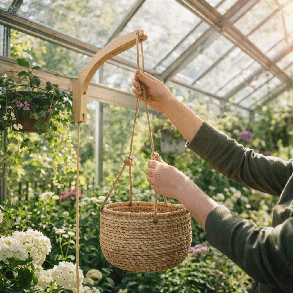 panier suspendu marron clair tissé rustique support plante bois nature minimaliste sûre decorationintérieur