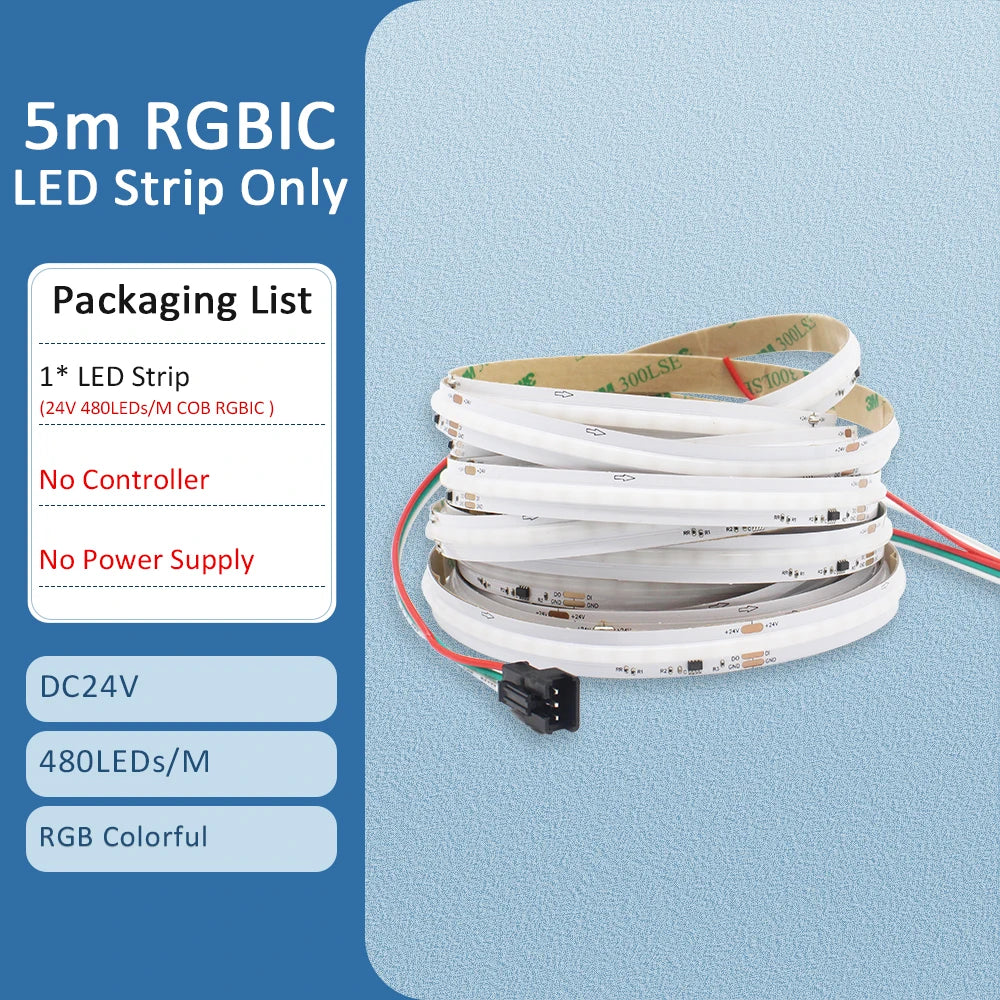 ruban led cob rgbic 24v multicolore 480 diodes 50000h moderne adhésif télécommande