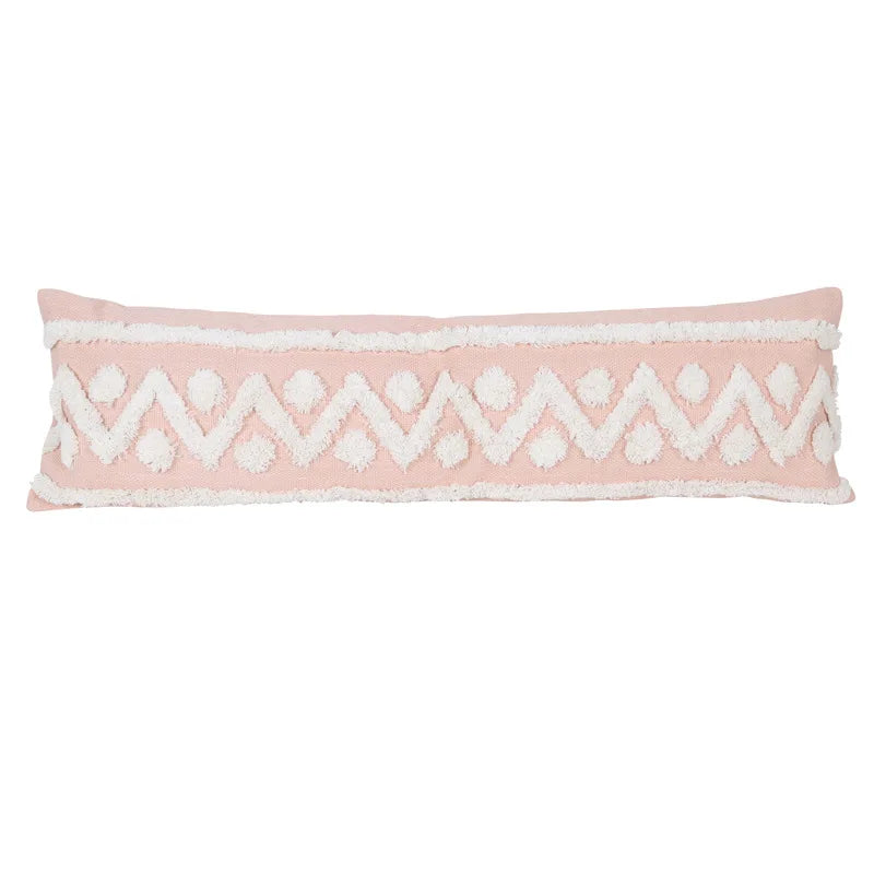 coussins boho chic rose clair blanc motif géométrique pompons opaques adhésifs
