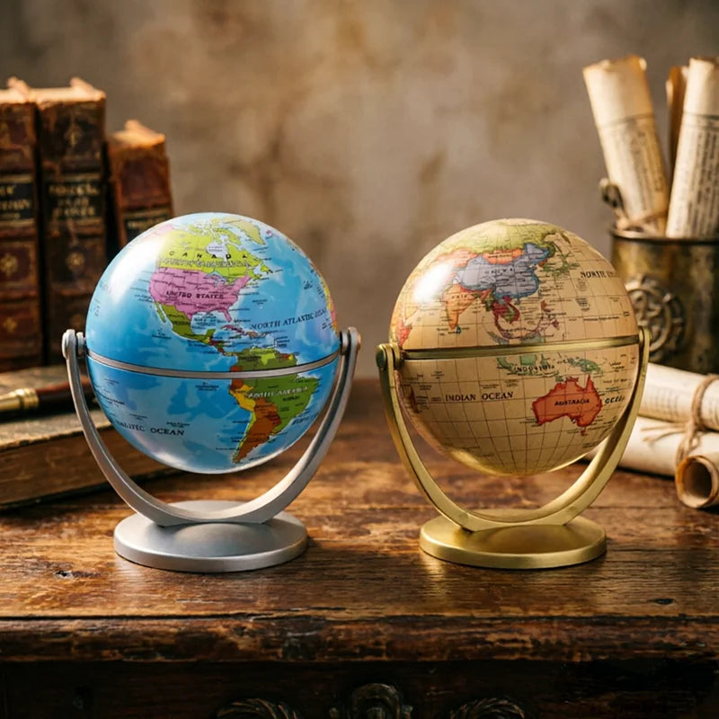 globe terrestre vintage cartographie détaillée bleu beige doré support rotatif métal