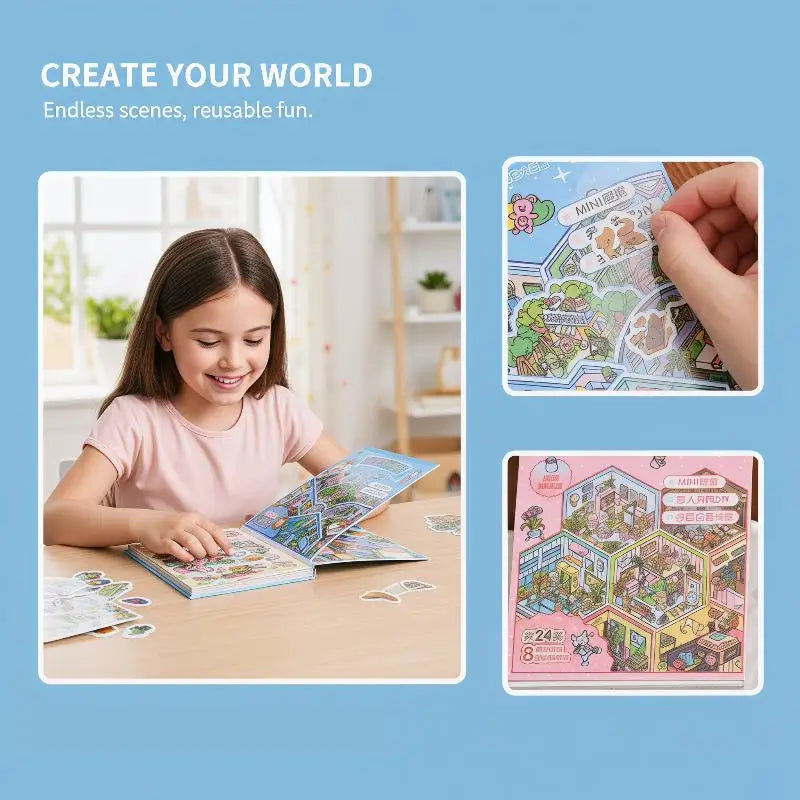 sticker autocollant dessin animé intérieur bibliothèque salon cuisine enfant bleu rose vert blanc marron