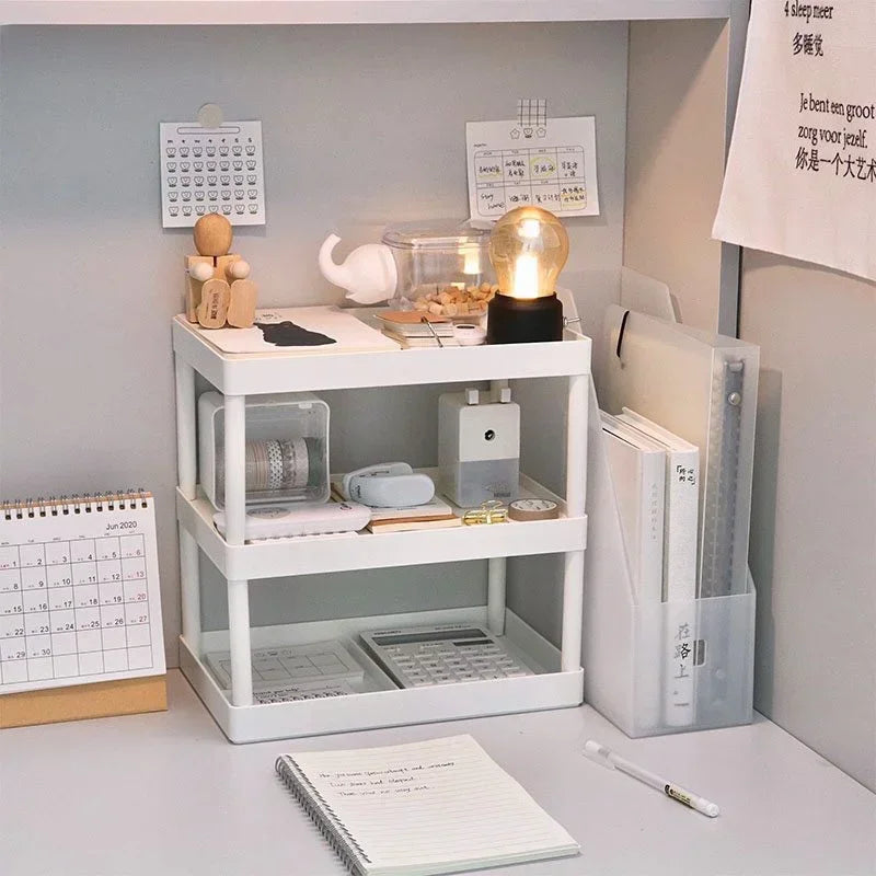 organisateur double niveau blanc moderne rangement stylos carnets calendrier plantes séchées led
