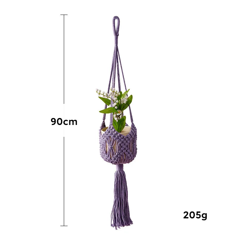 supports plante macramé tissé main motifs géométriques boho couleurs violet bleu beige vert