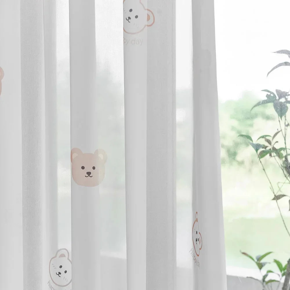 rideau occultant brodé nounours enfant moderne doux polyester opaque beige chambre fille garçon maison
