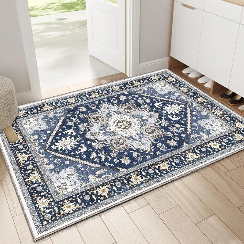 tapis géométrique persan classique bleu marine blanc gris résistant extérieur moderne