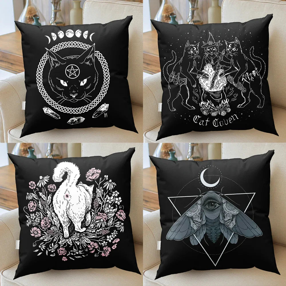coussin carré noir chat mystérieux pentagramme décoration lit salon motif artistique textile polyester décoratif