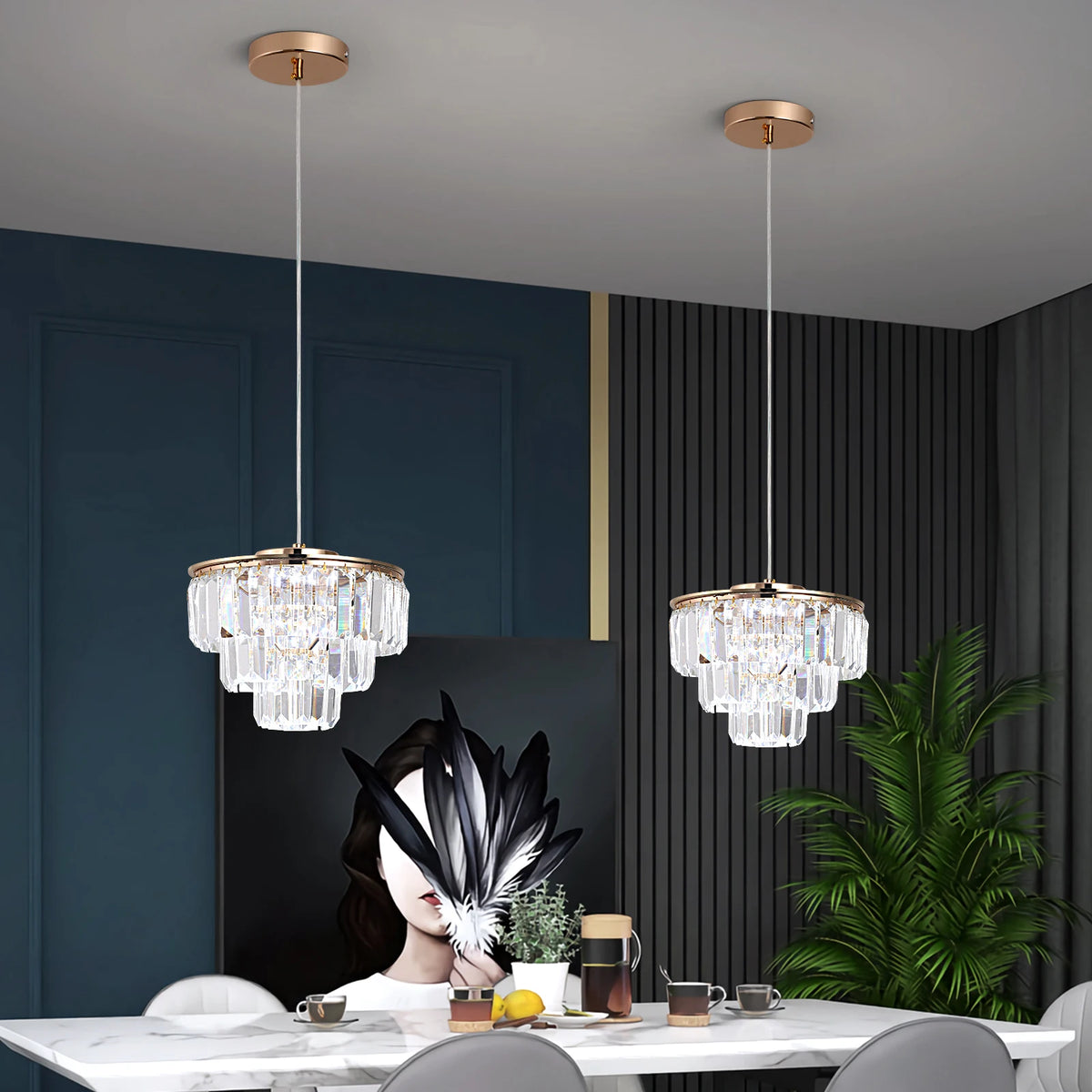 lampe suspendue cristal doré moderne élégante câbles suspendus salon chambre