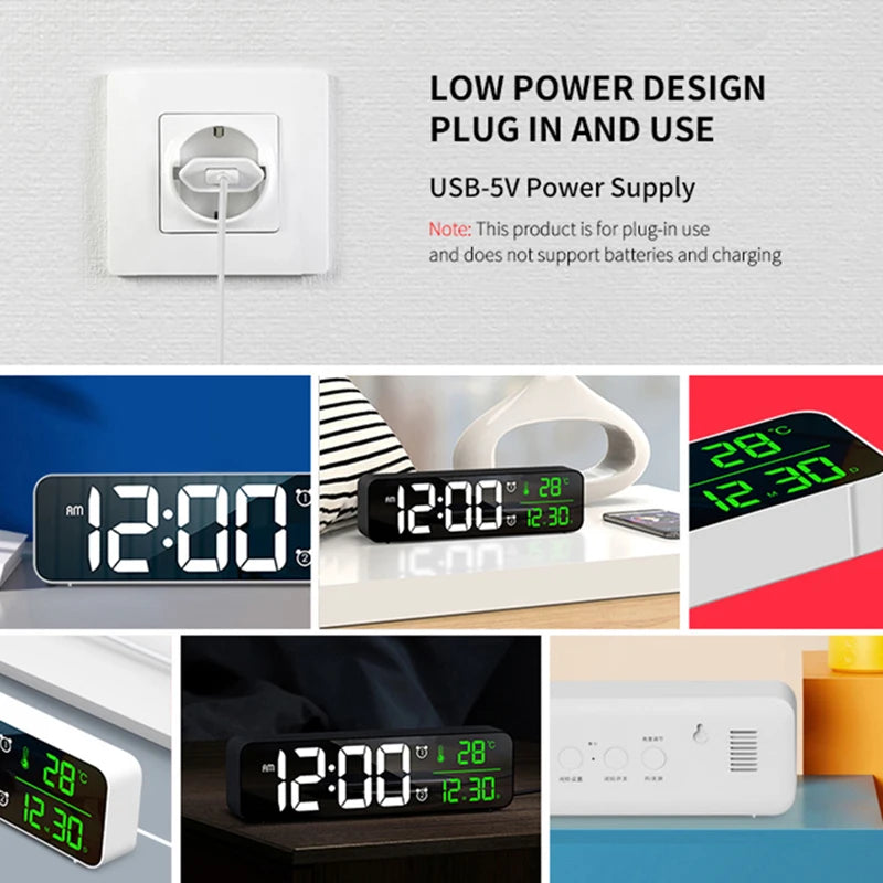 horloge numérique moderne blanc noir écran led affichage température double alarme snooze