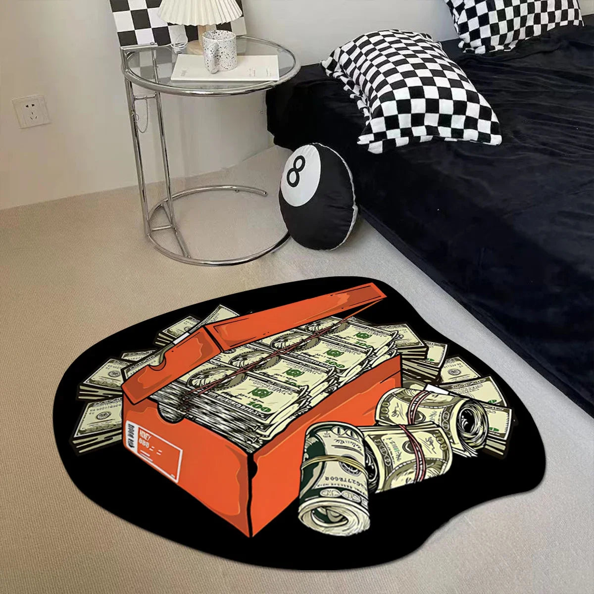 tapis moderne noir orange blanc motif billets banque carreaux salon chambre