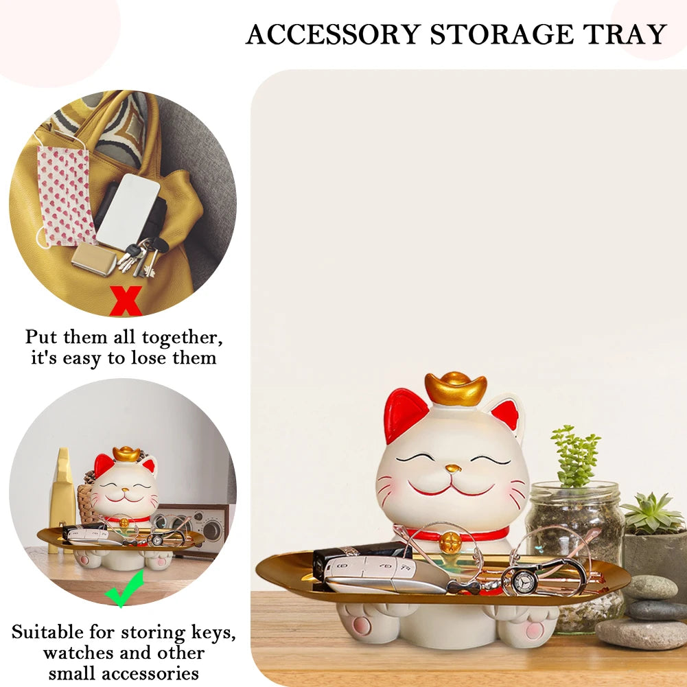 statue decorative chat blanc rouge couronne dorée plateau rangement accessoires inclusion clochette caracteres chinois