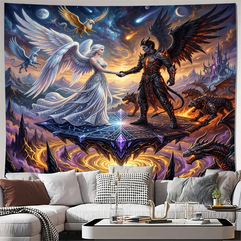 tapisserie fantaisie multicolore dragons anges paysages fantastiques décoration murale moderne grande taille chambre salon