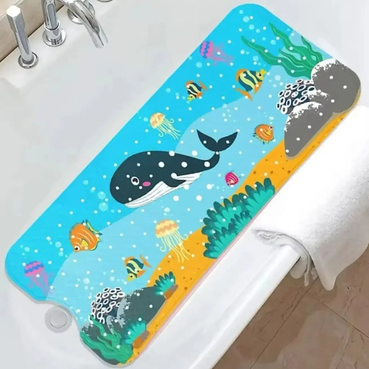 tapis bain moderne thème marin poissons coraux ventouses antidérapantes bleu noir 40x100cm
