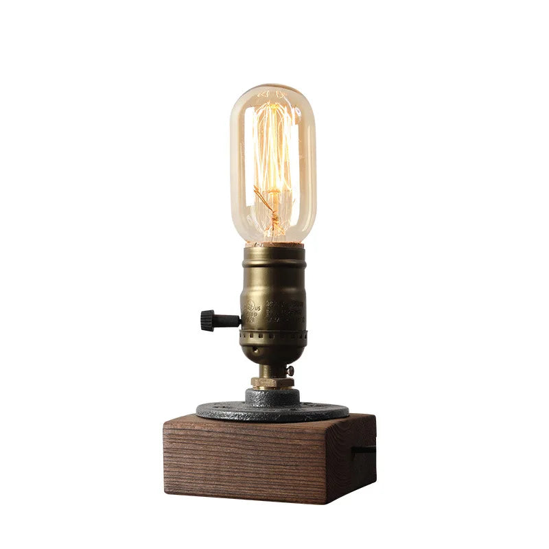 lampe table industrielle bois métal interrupteur transparent verre vintage bronze