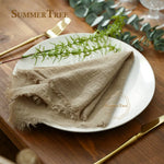 serviette coton beige rose blanc tissage fin bordures frangées rustique naturel