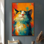 tableau abstrait chat souriant moderne couleur vives orange jaune bleu rouge blanc