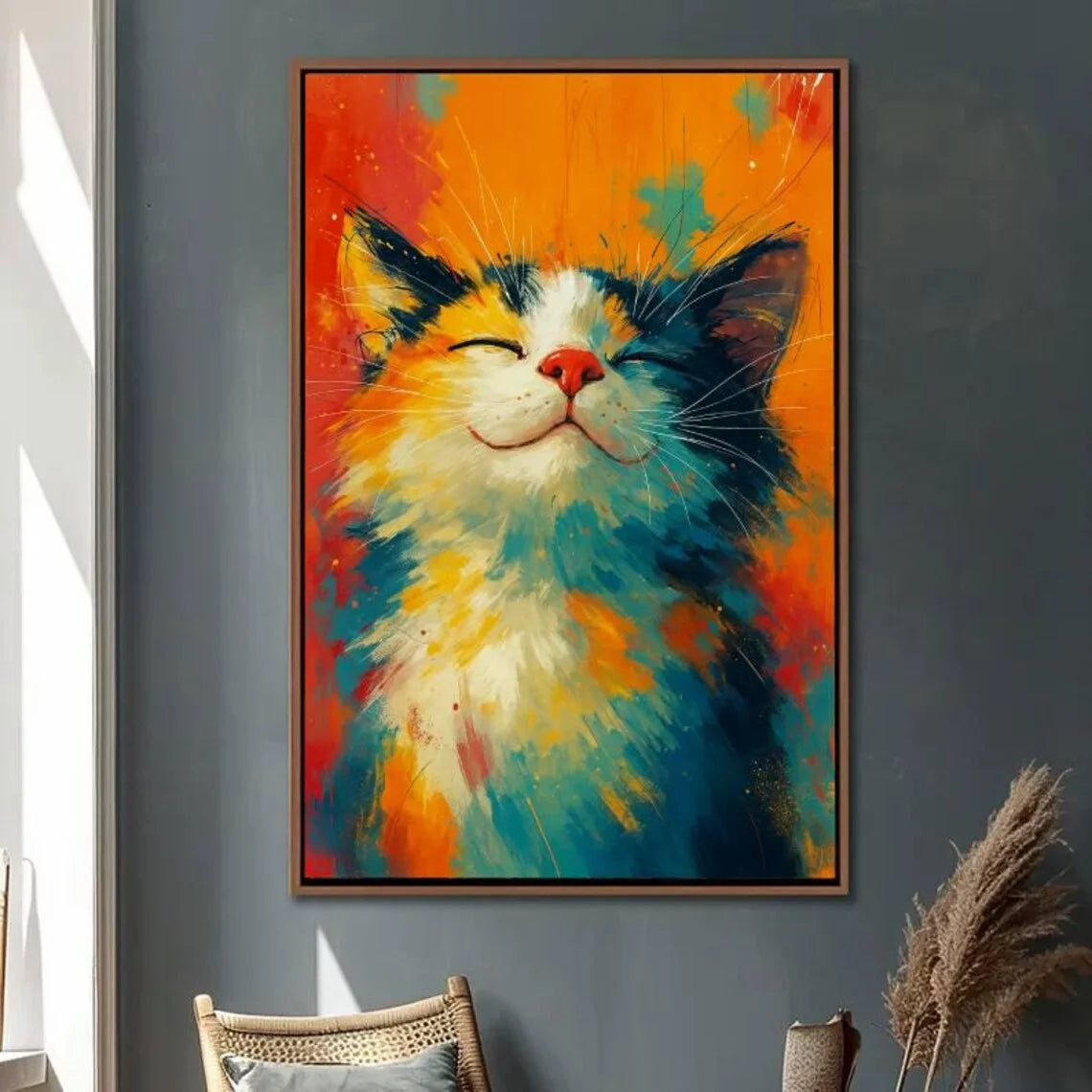 tableau abstrait chat souriant moderne couleur vives orange jaune bleu rouge blanc