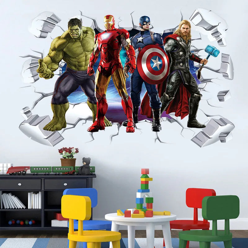 sticker mural 3d super héros hulk iron man captain america thor rouge bleu vert