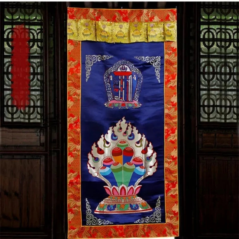 rideau decoratif tibetain brode tissu couleur rouge or floral geometrique pagode opaque maison