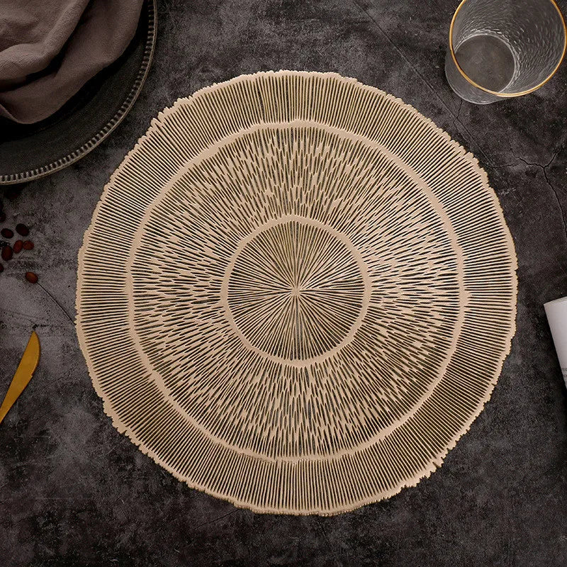 placemat moderne rond beige blanc rayures concentriques respectueux environnement polyester 38x38cm élégant festive