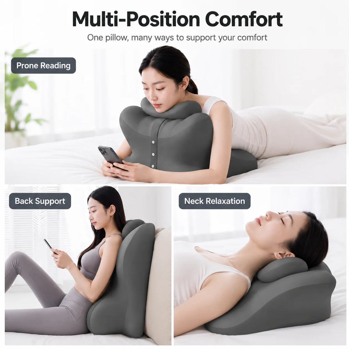 coussin ergonomique relaxation lecture gris texture douce mousse mémoire forme fesse couple femme enceinte