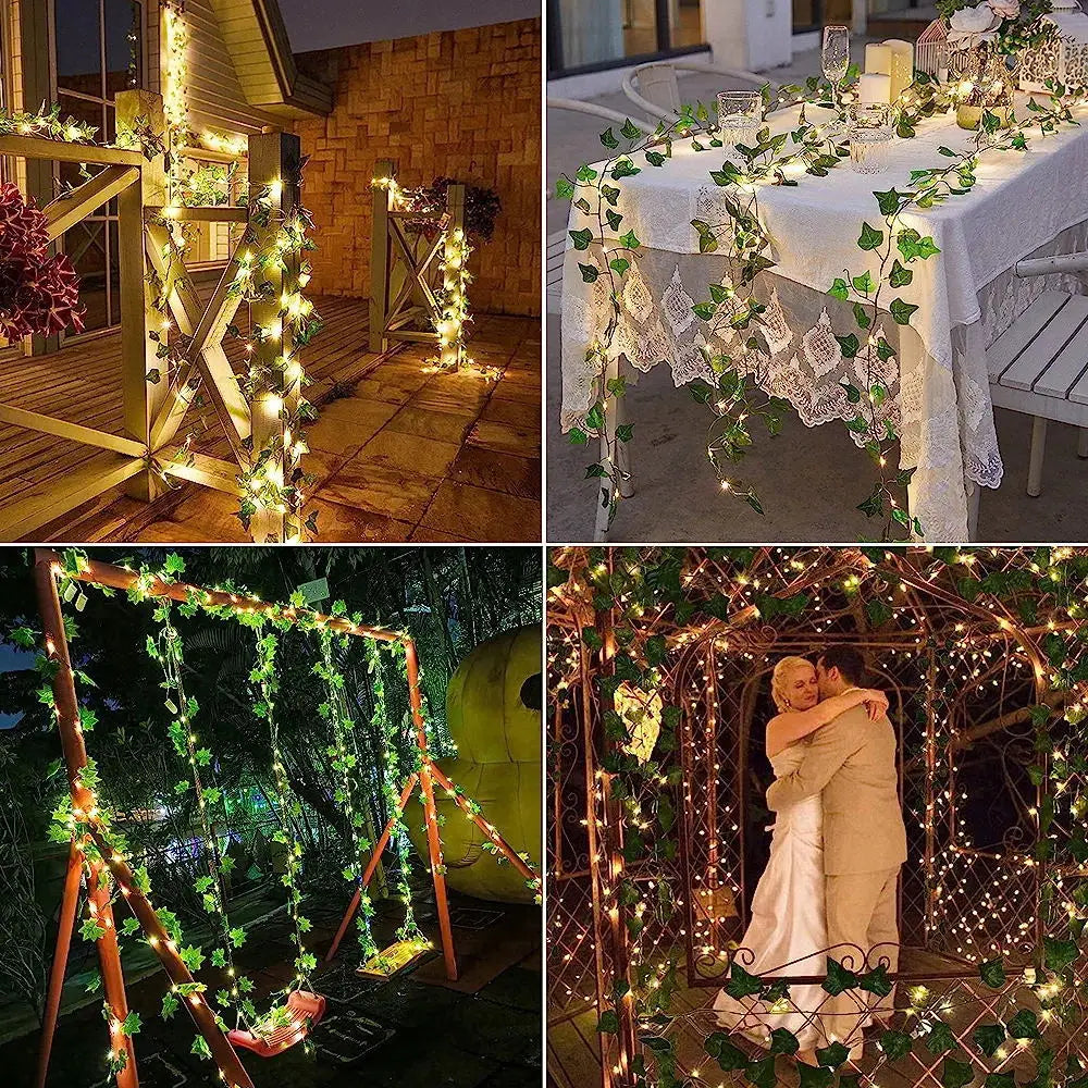 guirlande lumineuse solaire feuilles vertes led blanc moderne décoration extérieure vacances modes ivy string