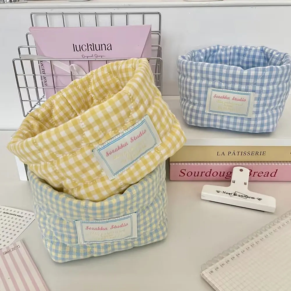 panier rangement tissu carreaux blancs bleu rose jaune vintage utilisation multiple portable opacité
