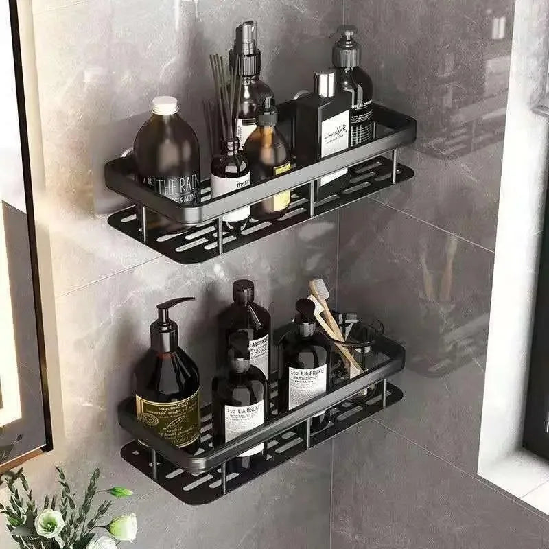 rangements étagères salle bain adhésives modernes noires grille rangement cosmétiques accessoires toiletttes