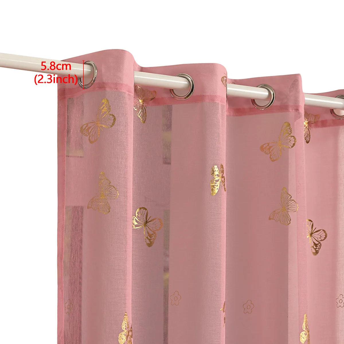 rideau moderne rose papillons dorés semi transparent anneaux métalliques polyester deux panneaux chambre fillecoration