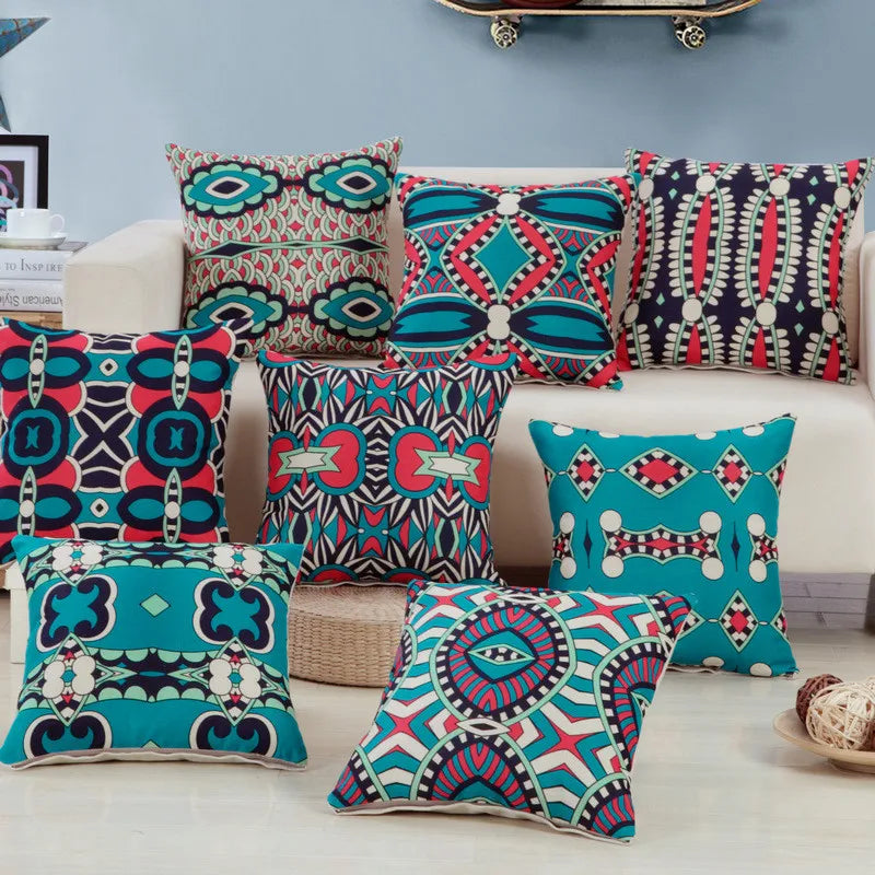 housse coussin imprimée moderne motifs géométriques bleu rouge noir 45x45cm